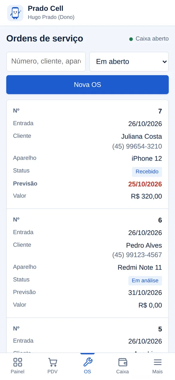 Lista de ordens de serviço no celular