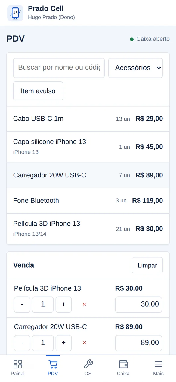 Tela de venda no celular